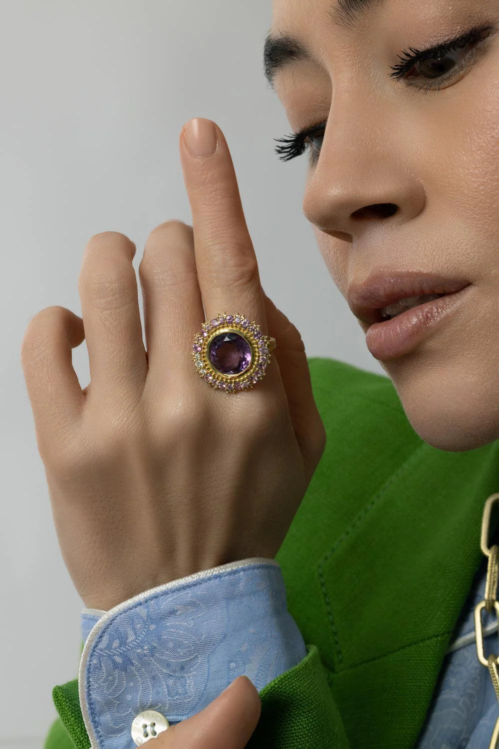 Tanya Farah Modern Etruscan Double Sunburst Amethyst Ring with Pink Sapphires & Diamond Accents