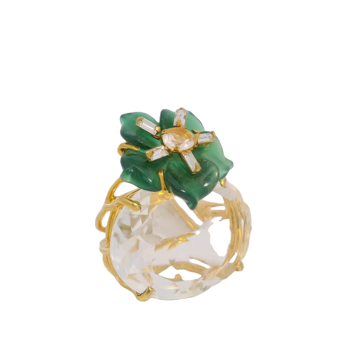 Floral Green Agate and Quartz Ring