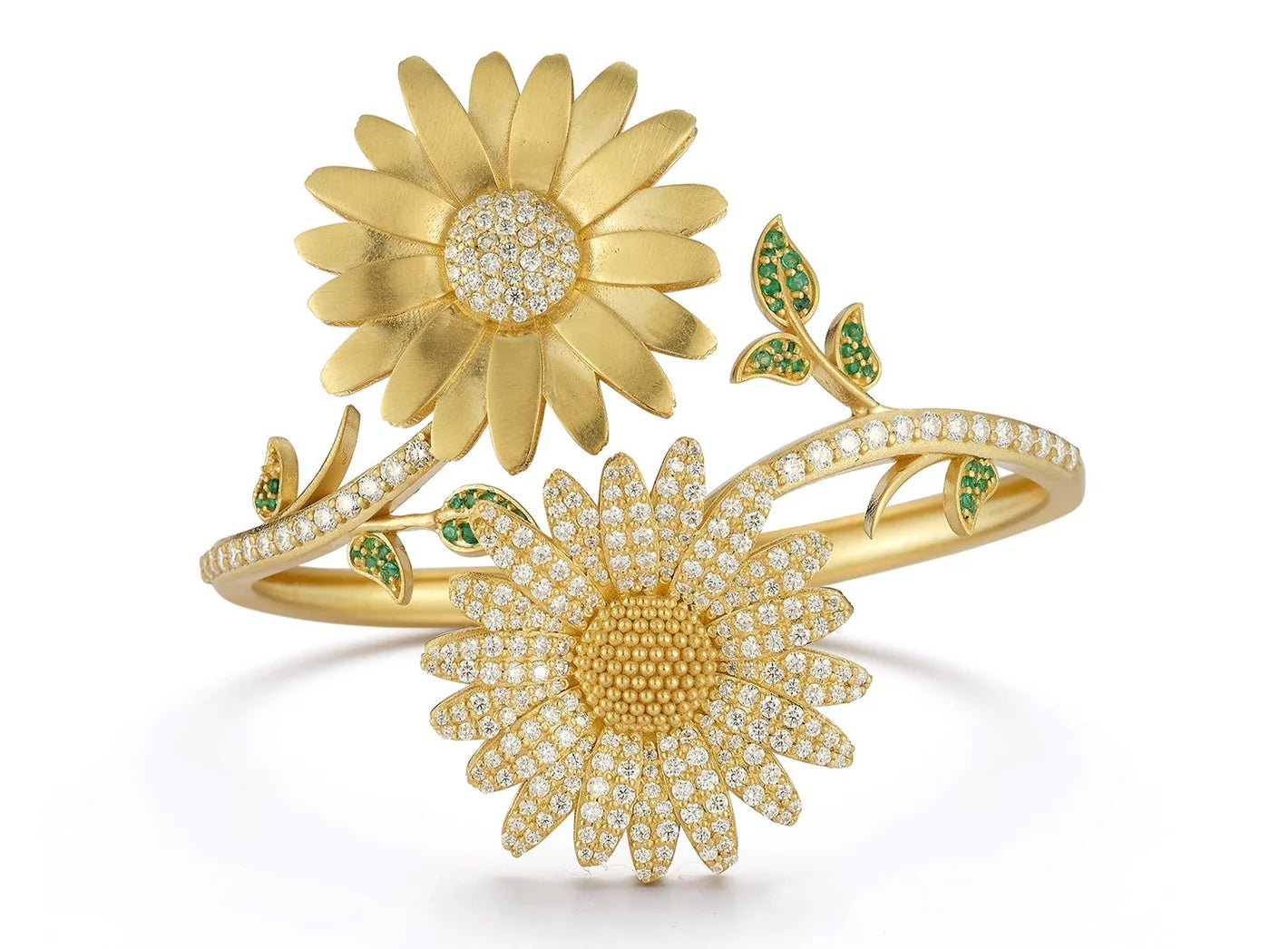 Tanya Farah 32mm Daisy Diamond Bypass Bangle (Diamonds Approx. 3.35 CTW,
Emeralds Approx. 0.30 CTW)