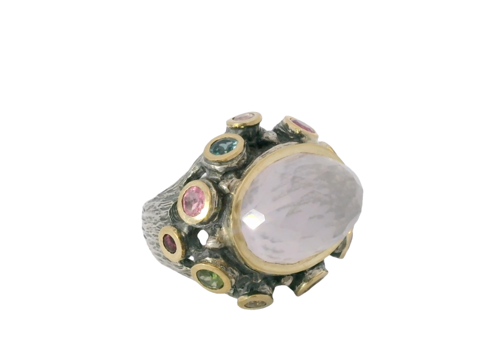 Gabriela Styliano Gold & Silver Ring with Rose Quartz & Tourmalines