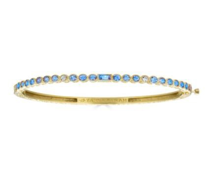 Tanya Farah Modern Etruscan Blue Diamond Round Bezel Bangle with White Sapphire Baguette Center
- 4mm (Diamonds Approx. 0.05 CTW,
Sapphires Approx. 2.10 CTW)