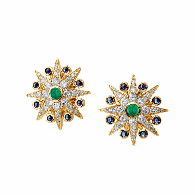18K Yellow Gold Diamond Starburst Earrings with Emeralds and Blue Sapphires