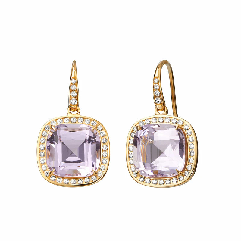 18K Yellow Gold with Lavender Amethyst Cushion and Diamond Earrings