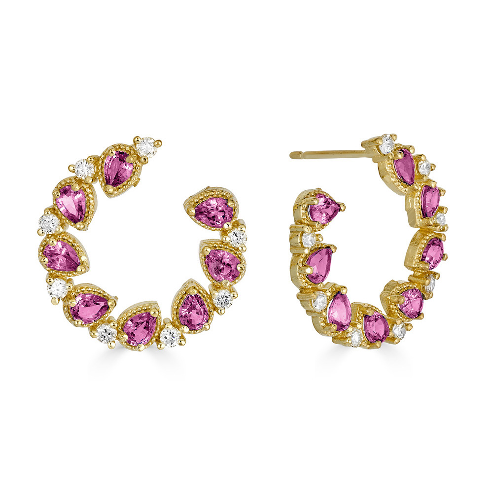 Tanya Farah Jasmine Bloom Bypass Hoops with Pink Pear Sapphires & Diamonds