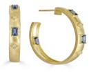 Tanya Farah Modern Etruscan Gold Blue Sapphire Baguette & White Diamond Hoop Earrings - Push Backs (Sapphires Approx. 0.75 CTW, Diamonds Approx. 0.12 CTW