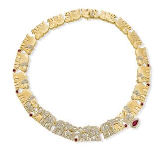 Tanya Farah Tree of Life White Diamond Elephant with Ruby Accents Collar Necklace (approx. 6.00 ctw)