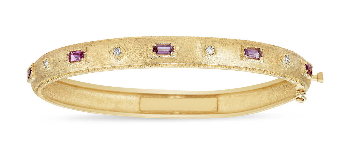 Tanya Farah Modern Etruscan Pink Sapphire Baguette & White Diamond Bezel Bangle - 7mm (Diamonds Approx. 0.10 CTW, Pink Sapphires Approx. 0.75 CTW)