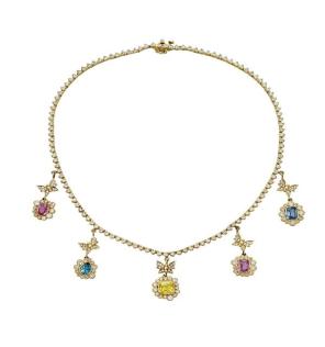 Tanya Farah Tree of Life Multi Sapphire Diamond Bezel Halo & Diamond Butterfly Tennis Necklace