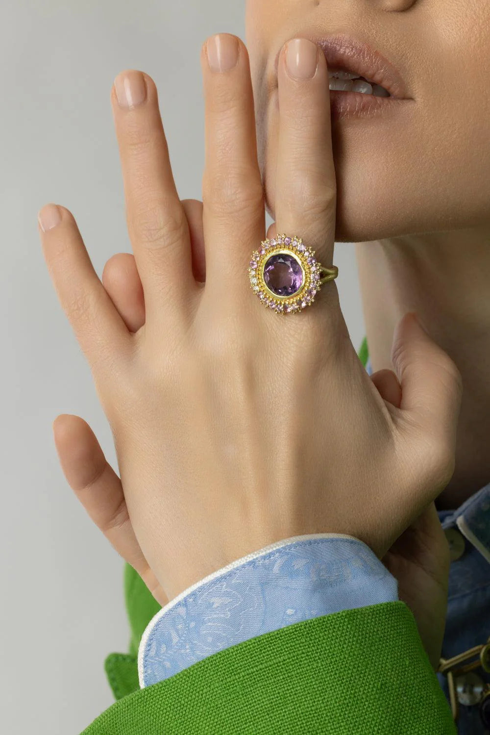 Tanya Farah Modern Etruscan Double Sunburst Amethyst Ring with Pink Sapphires & Diamond Accents