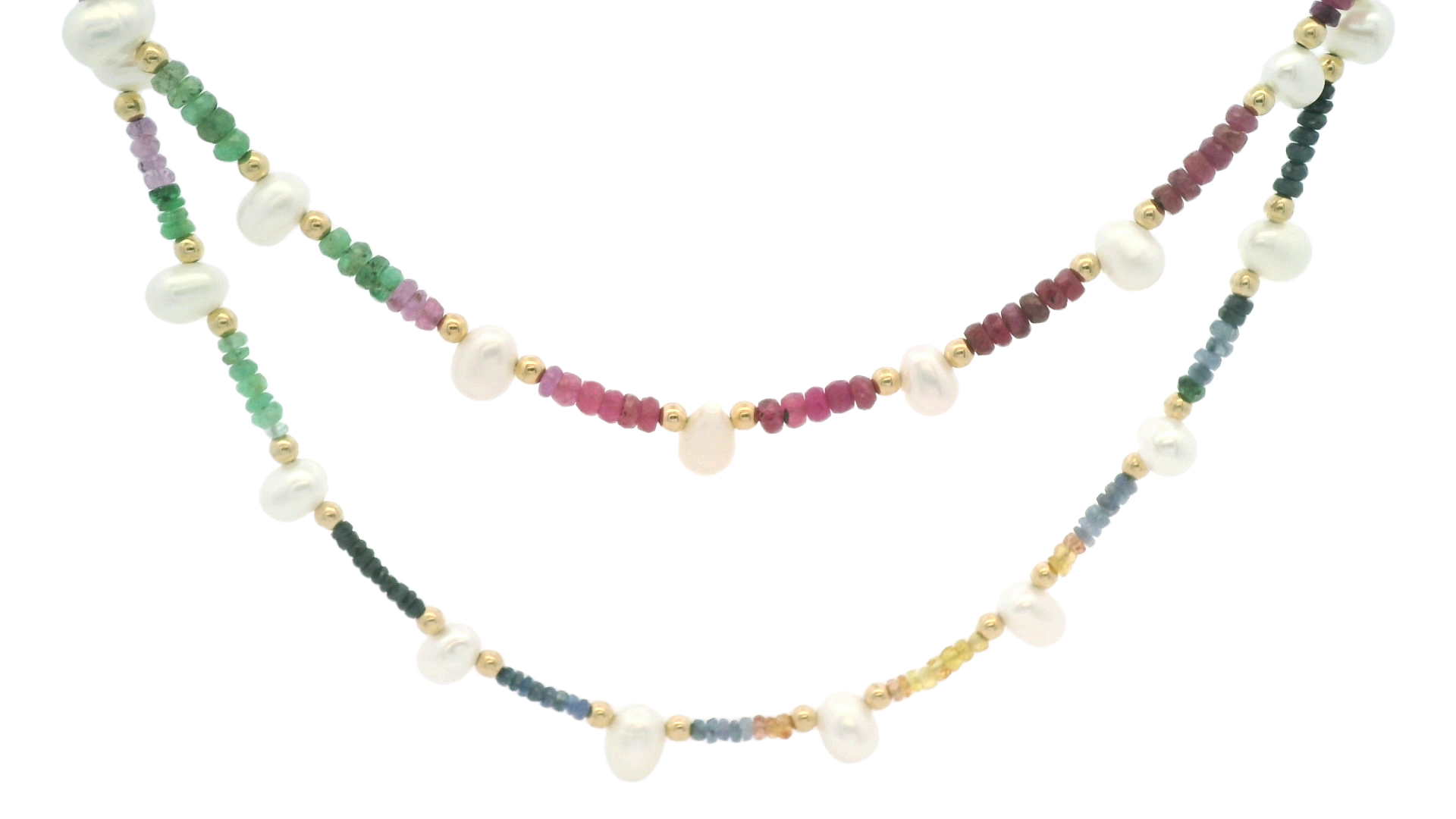 JIA JIA Dark Rainbow Sapphire Pearl Gold Bead Double Long Necklace