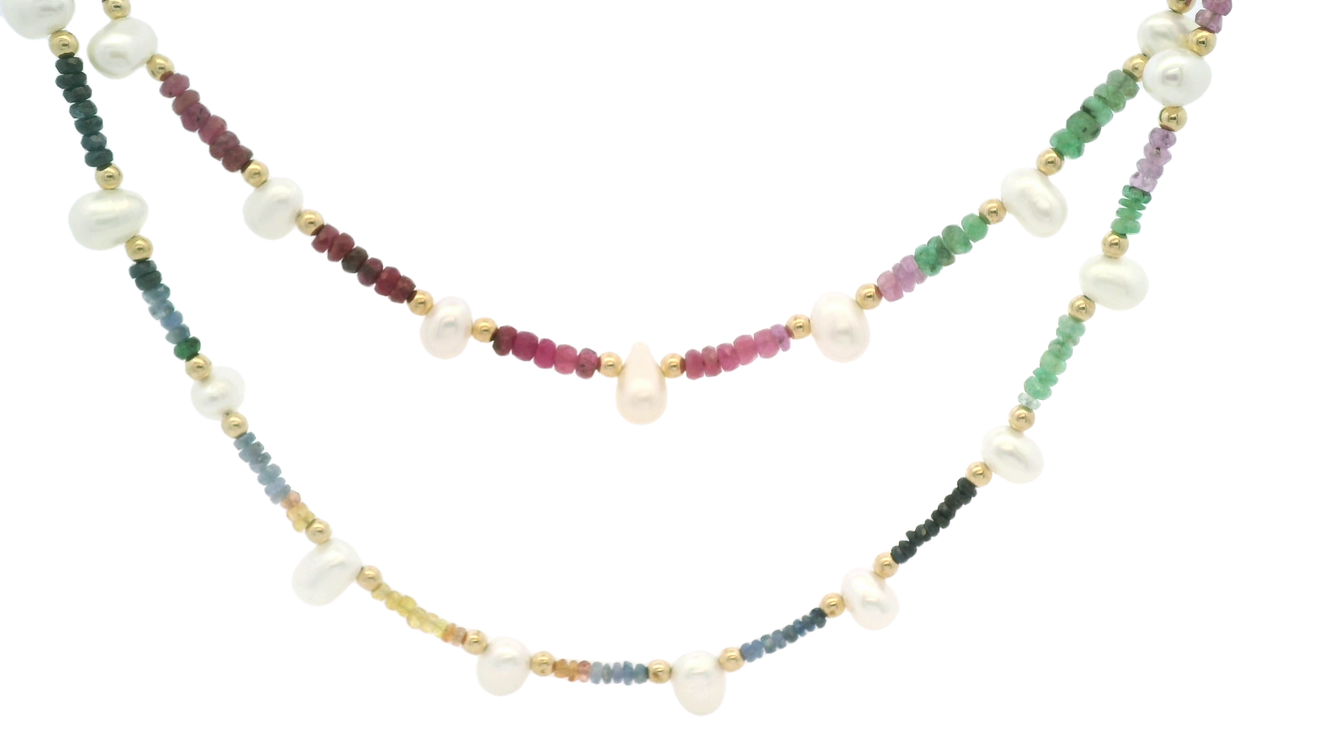 JIA JIA Dark Rainbow Sapphire Pearl Gold Bead Double Long Necklace