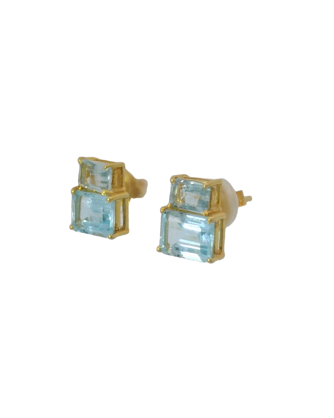 Cerulean Aquamarine & Post Emerald Cut Stud Earrings in Gold