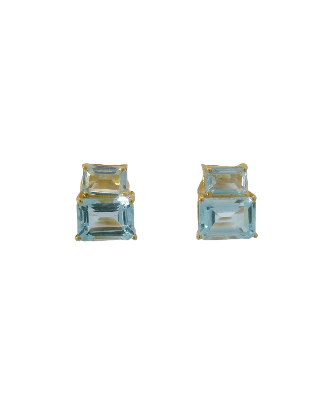 Cerulean Aquamarine & Post Emerald Cut Stud Earrings in Gold