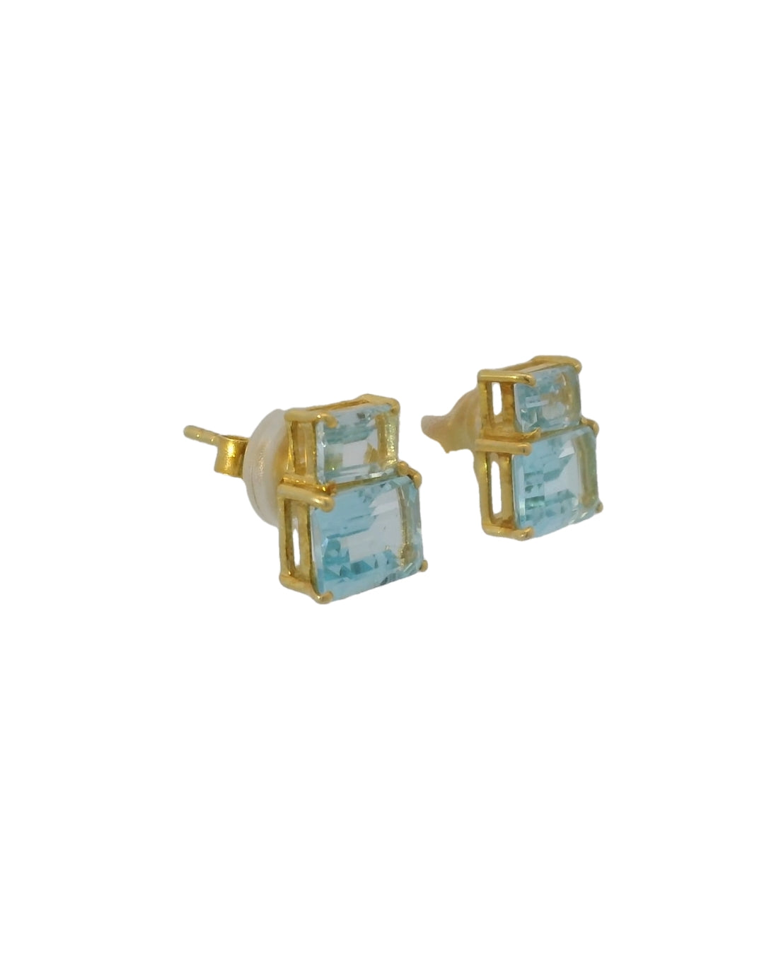 Cerulean Aquamarine & Post Emerald Cut Stud Earrings in Gold