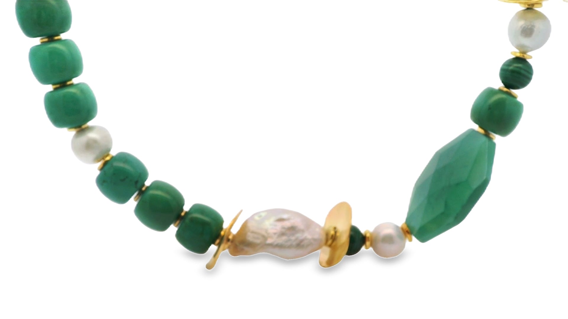 Green Malachite and Baroque Pearl Beaded Necklace