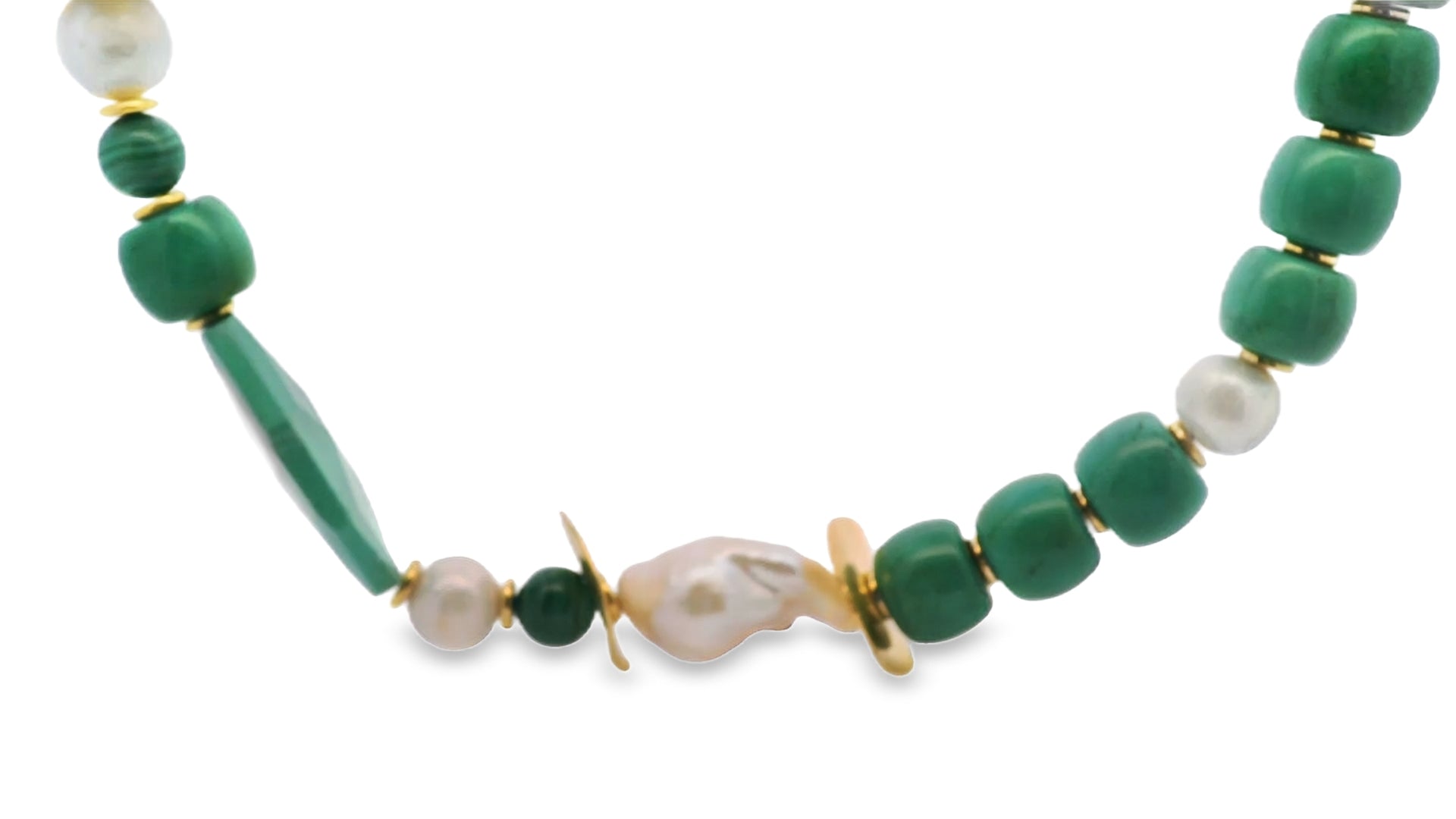 Green Malachite and Baroque Pearl Beaded Necklace