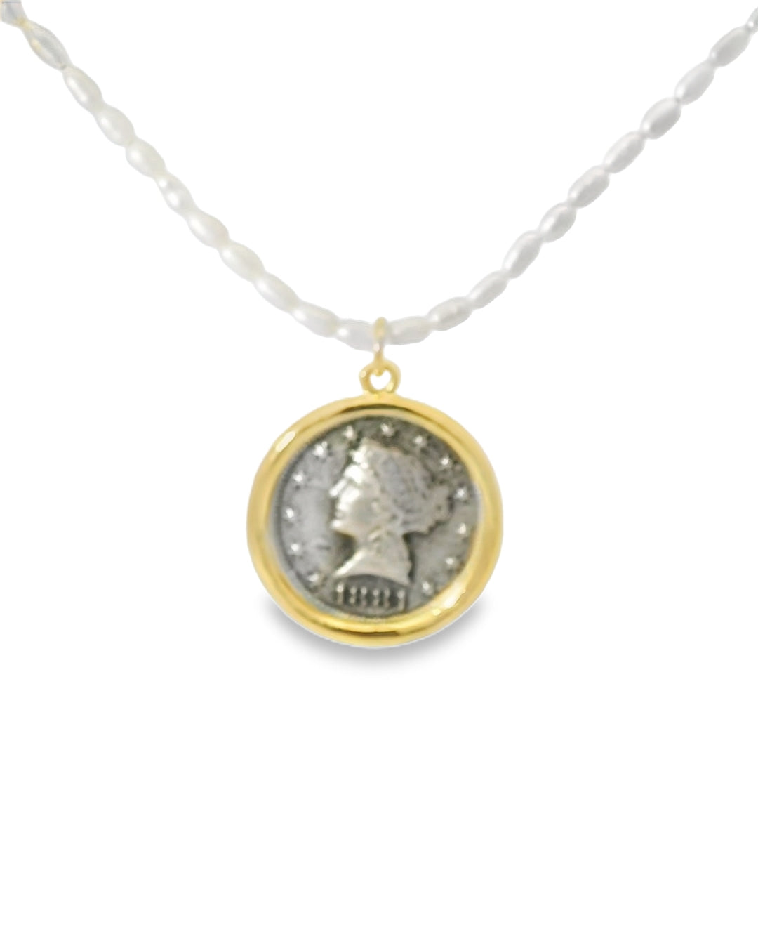 Stunning Rice Pearl Necklace with Vintage Coin Charm