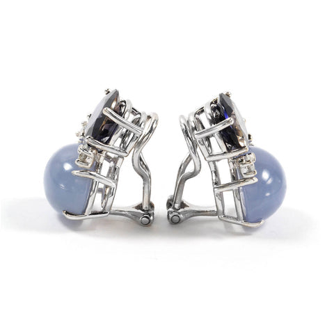 LARGE GUM DROP™ Earrings with Iolite, Cabochon Chalcedony and Diamonds