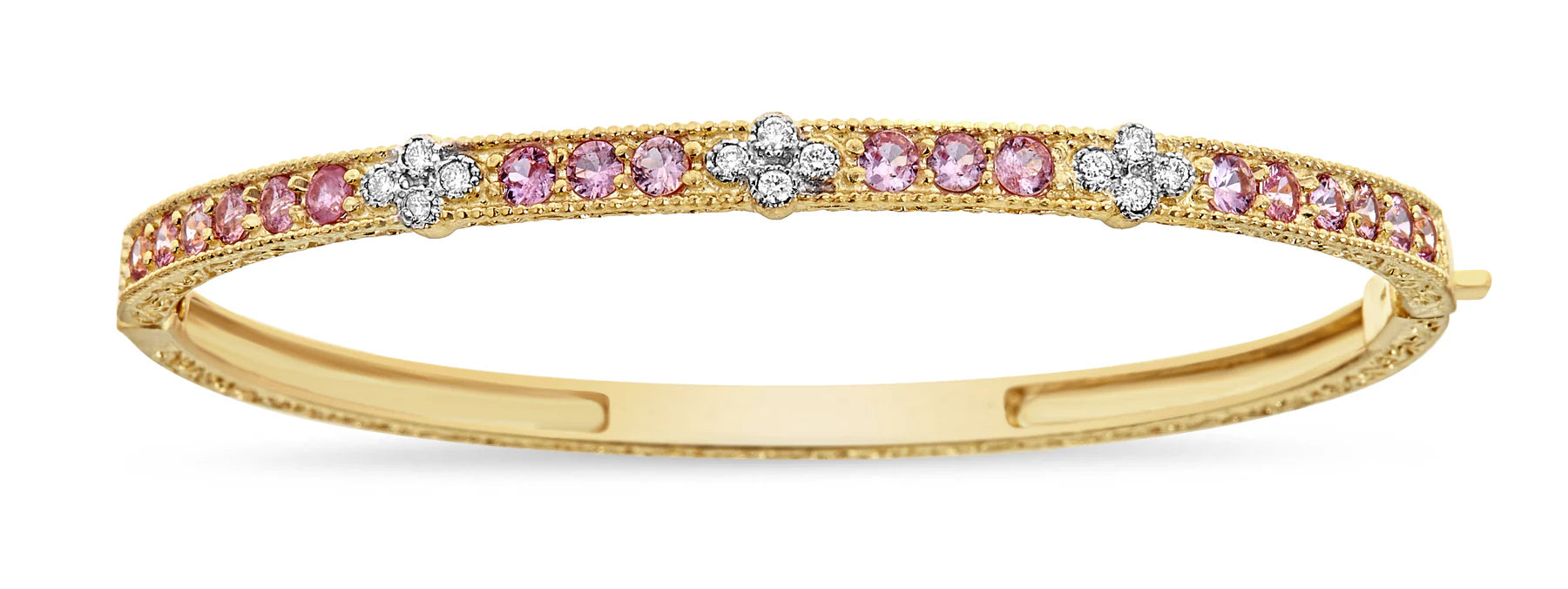 Tanya Farah Modern Etruscan Pink Sapphire Bangle w/ 3 White Diamond Clusters - 4mm