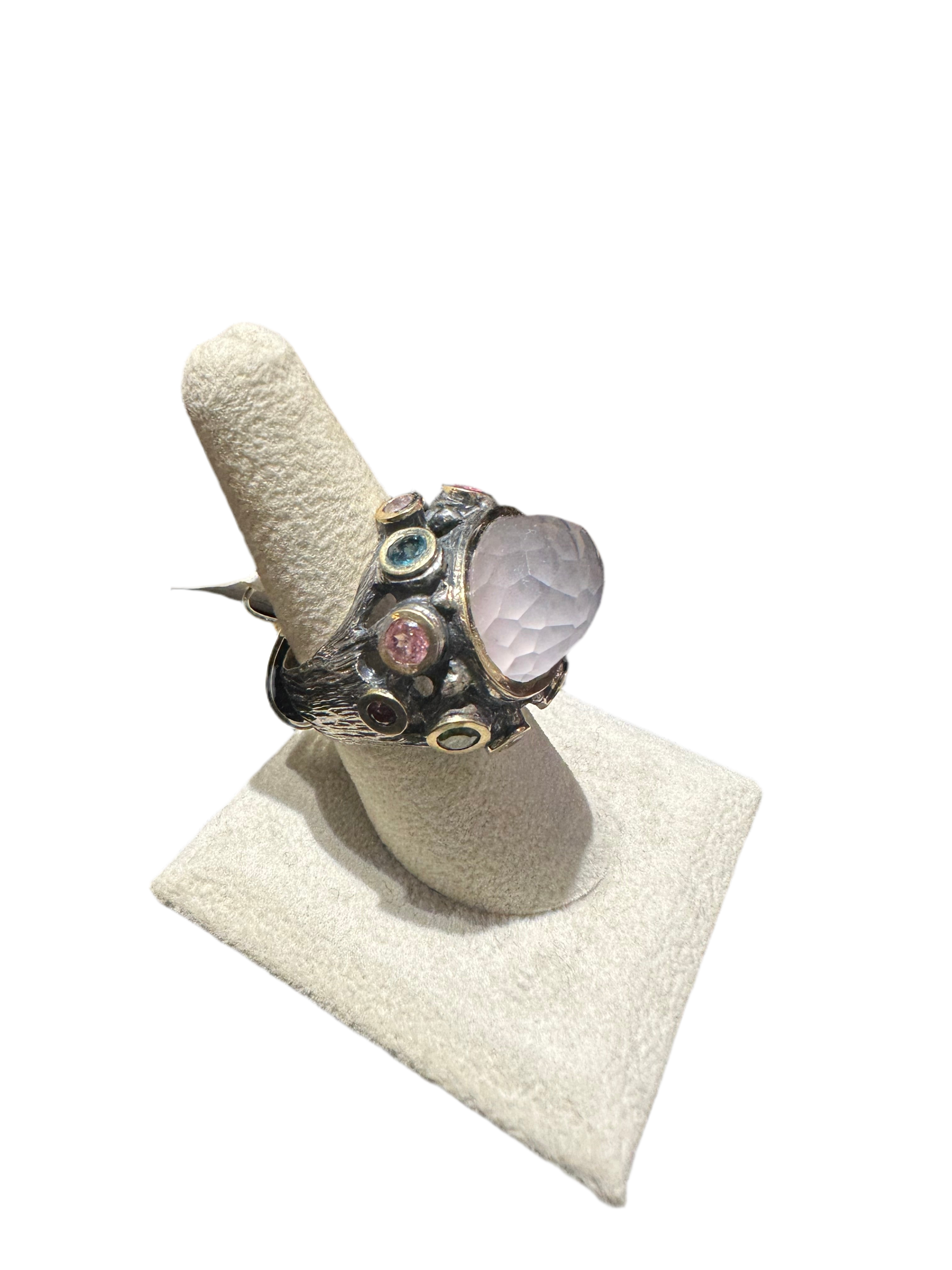 Gabriela Styliano Gold & Silver Ring with Rose Quartz & Tourmalines