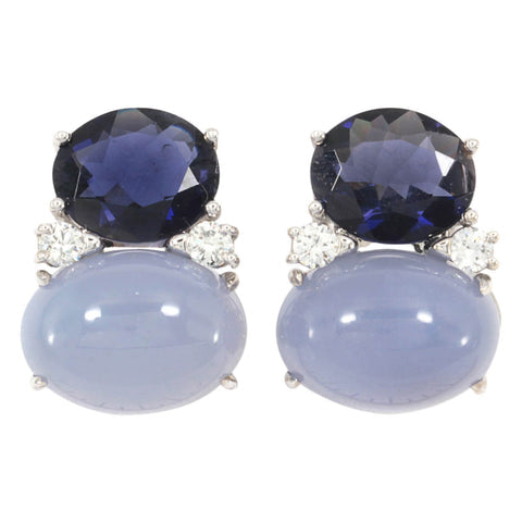 LARGE GUM DROP™ Earrings with Iolite, Cabochon Chalcedony and Diamonds