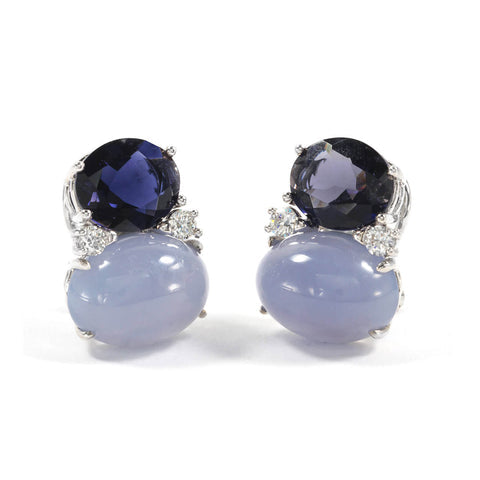 LARGE GUM DROP™ Earrings with Iolite, Cabochon Chalcedony and Diamonds