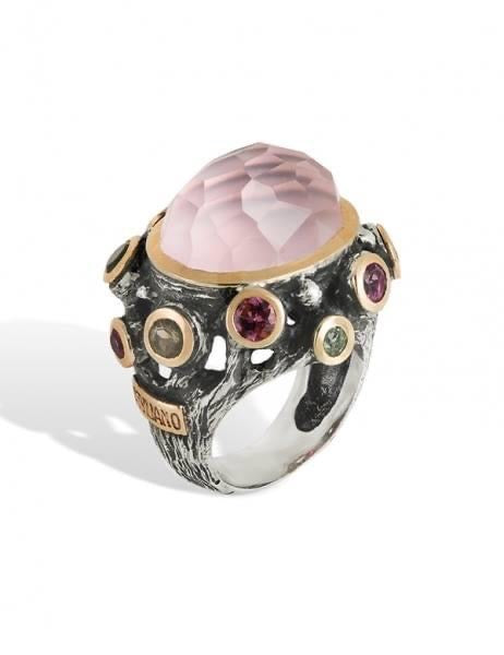 Gabriela Styliano Gold & Silver Ring with Rose Quartz & Tourmalines