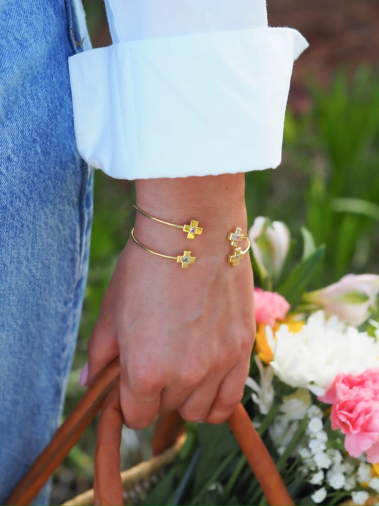 Goldbug Pink CZ Cross Bangle