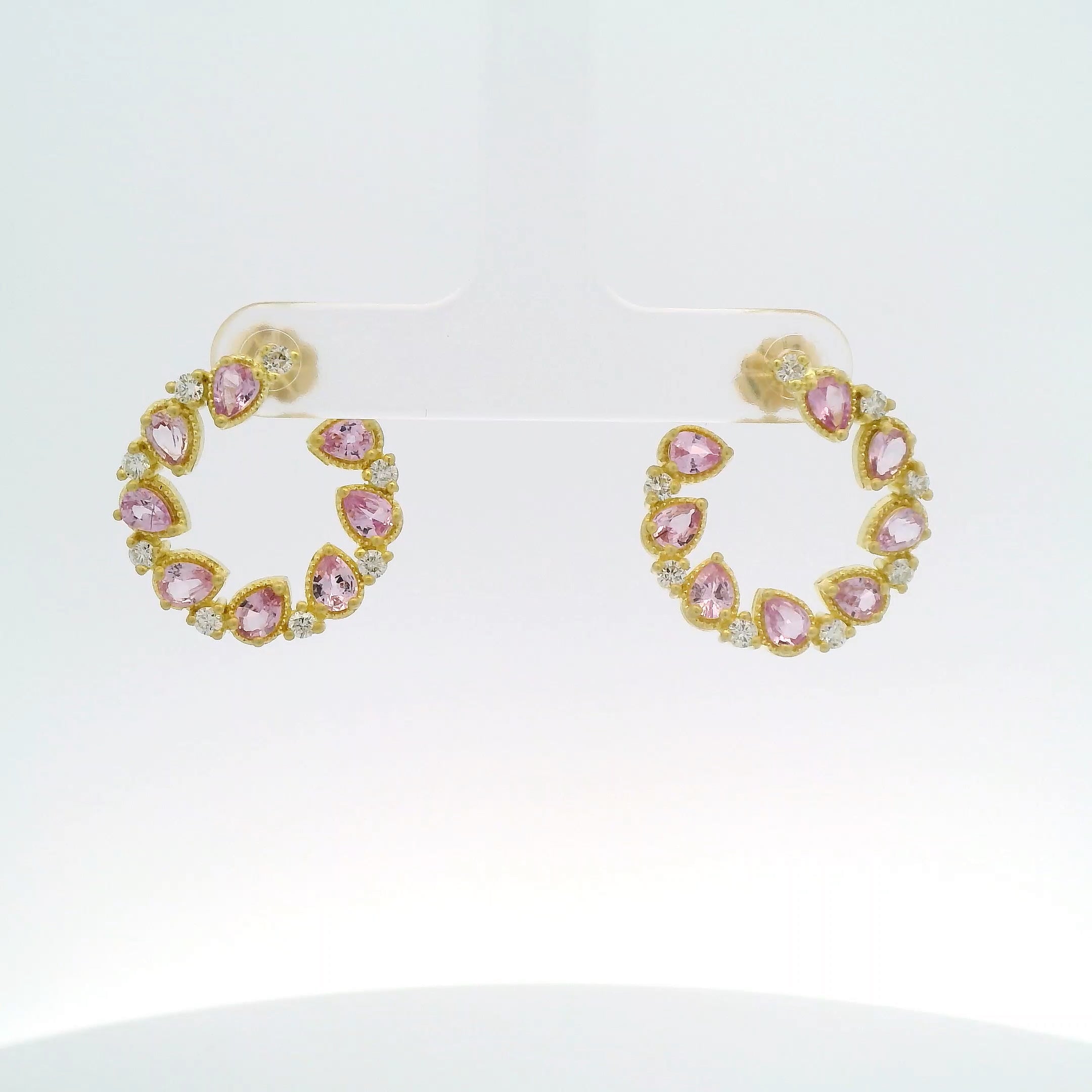 Jasmine Bloom Bypass Hoops with Pink Pear Sapphires & Diamonds by Tanya Farah