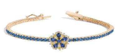 Tanya Farah Jasmine Bloom Ceylon Blue Sapphire 1 Station Flower White Diamond Tennis Bracelet