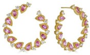Tanya Farah Jasmine Bloom Pink Sapphire & White Diamond Bezel Bypass Hoops. Push Backs.  (Diamonds Approx. 1.75 CTW, Sapphires Approx. 5.00 CTW)