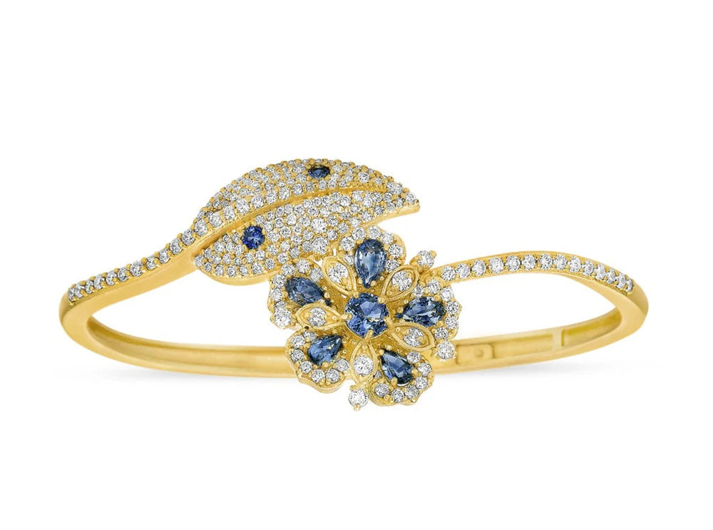 Tanya Farah Large Jasmine Bloom Bypass Leaf Bangle with Ceylon sapphires & Diamonds