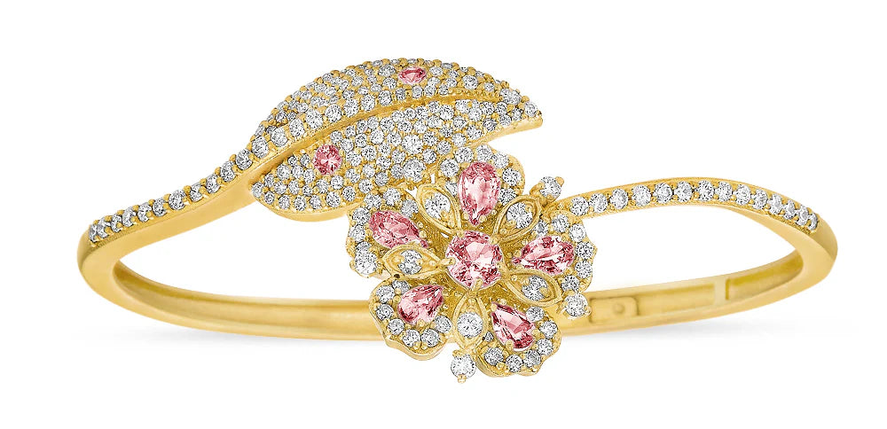 Tanya Farah Jasmine Bloom Pink Sapphire Flower & White Diamond Leaf Wrap Bangle