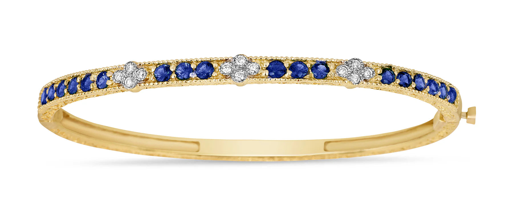 Tanya Farah Modern Etruscan Blue Sapphire Bangle w/ 3 White Diamond Clusters - 4mm