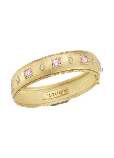 Tanya Farah Modern Etruscan Pink Sapphire Radiant Cut & White Diamond Bezel Bangle