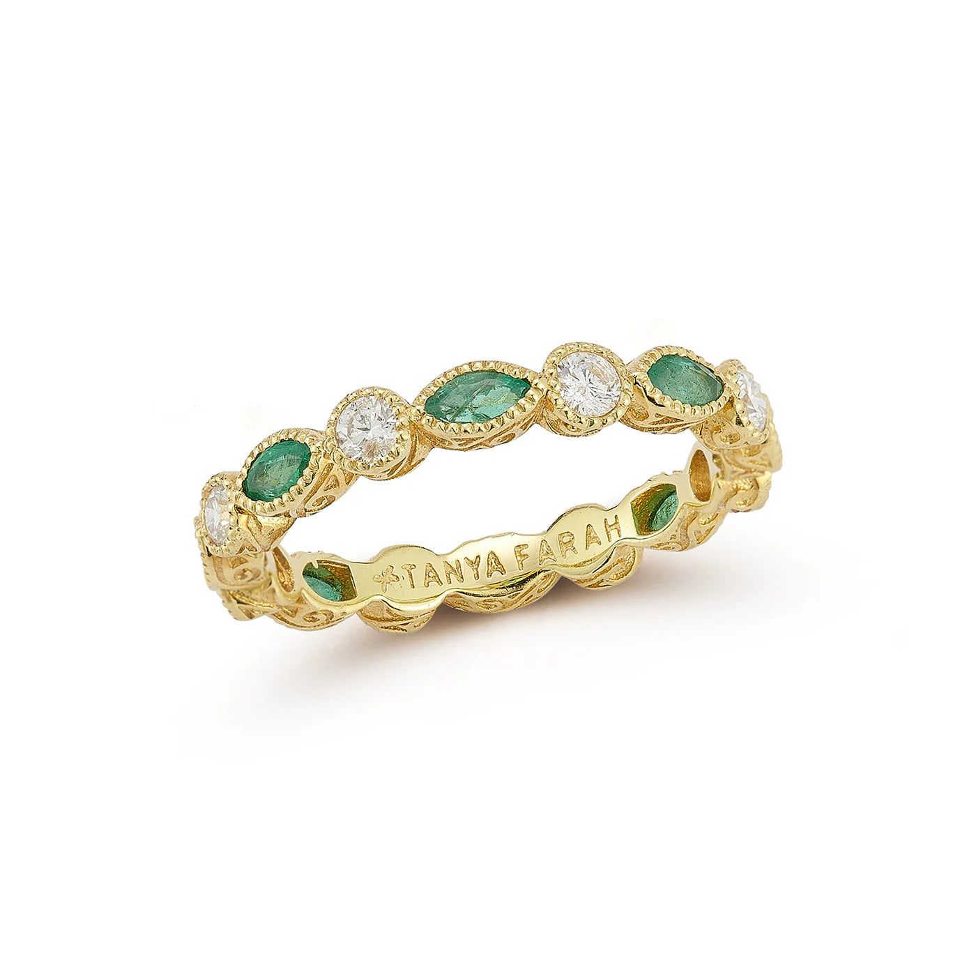 Tanya Farah Modern Etruscan Emerald Marquise & White Diamond Eternity Bezel Stack Ring (Approx. 0.50 CTW)