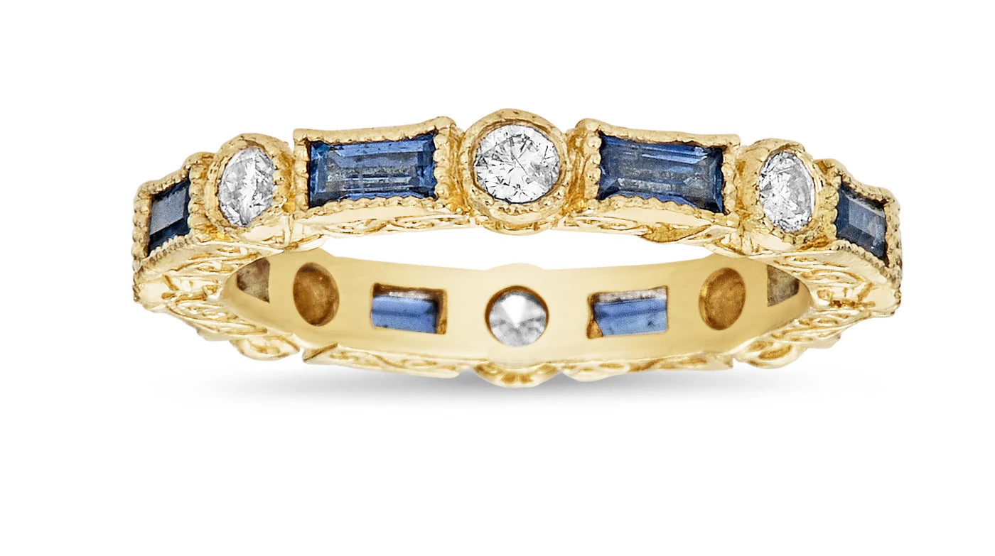 Tanya Farah Modern Blue Sapphire Baguette & White Diamond Eternity Bezel Stack Ring (Diamonds Approx. 0.50 CTW, Sapphires Approx. 1.00 CTW)