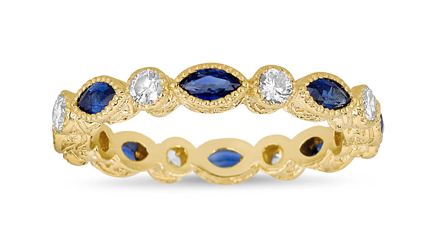 Tanya Farah Modern Etruscan Blue Sapphire Marquise & White Diamond Eternity Bezel Stack Ring