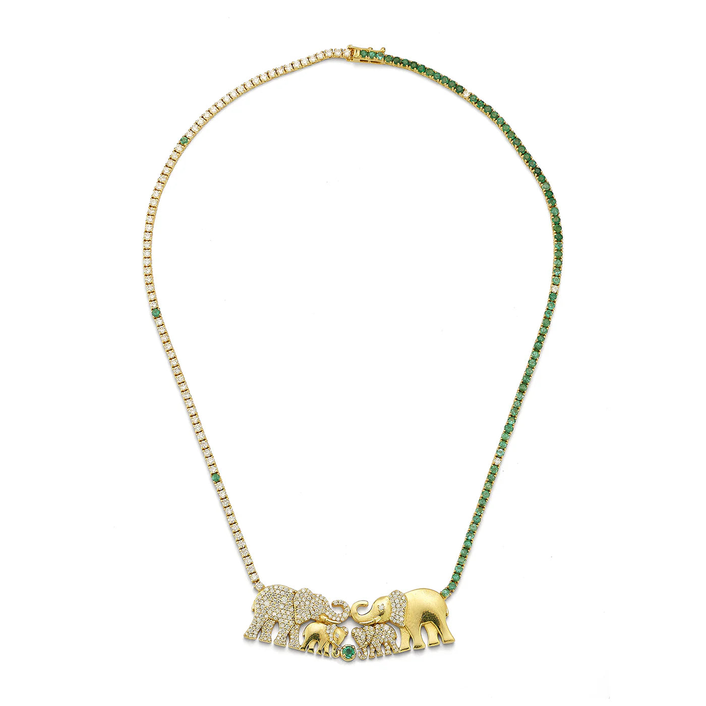 Tanya Farah Tree of Life Family of Elephants on White & Emerald Tennis Necklace (Diamonds Approx. 3.40 CTW, Rubies Approx. 3.50 CTW