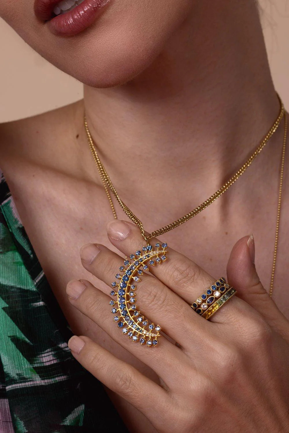 Tanya Farah Moonburst Lg. Blue Sapphire Moon Necklace (Sapphires Approx. 2.75 CTW)