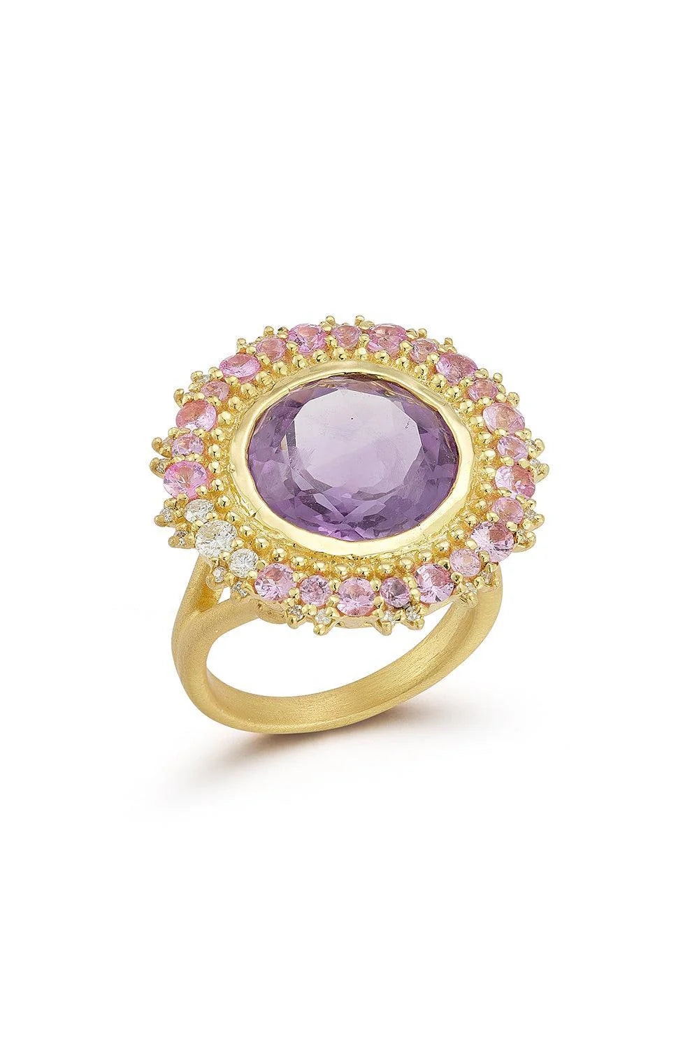 Tanya Farah Modern Etruscan Double Sunburst Amethyst Ring with Pink Sapphires & Diamond Accents