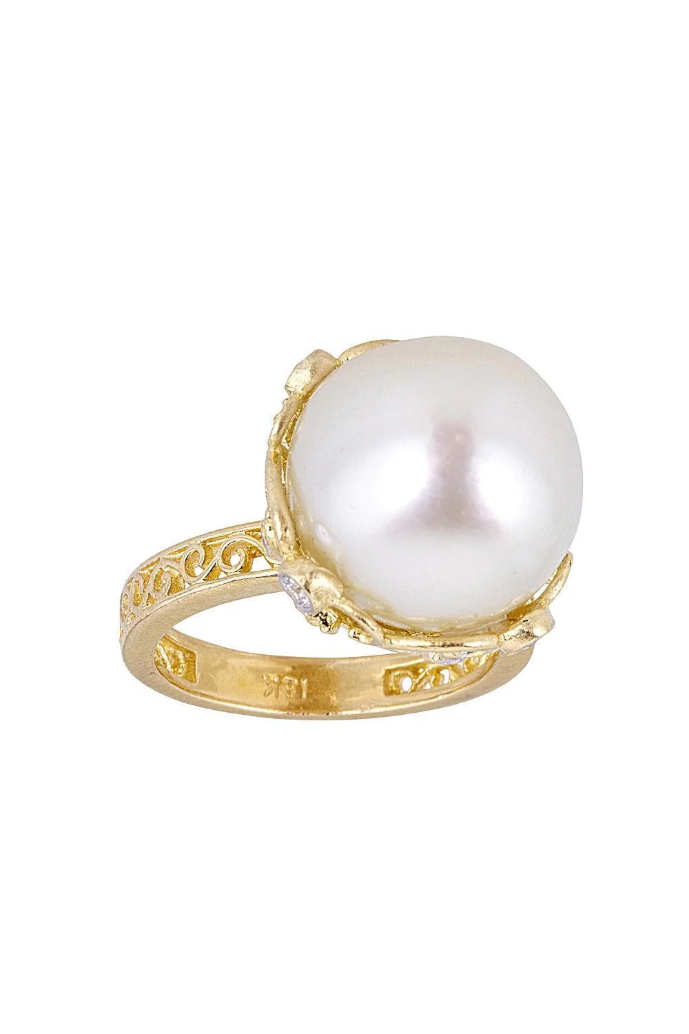 Tanya Farah Royal Couture South Sea  Pearl Net Bottom Flower Diamond Ring (Aprpox. 0.30 CTW)